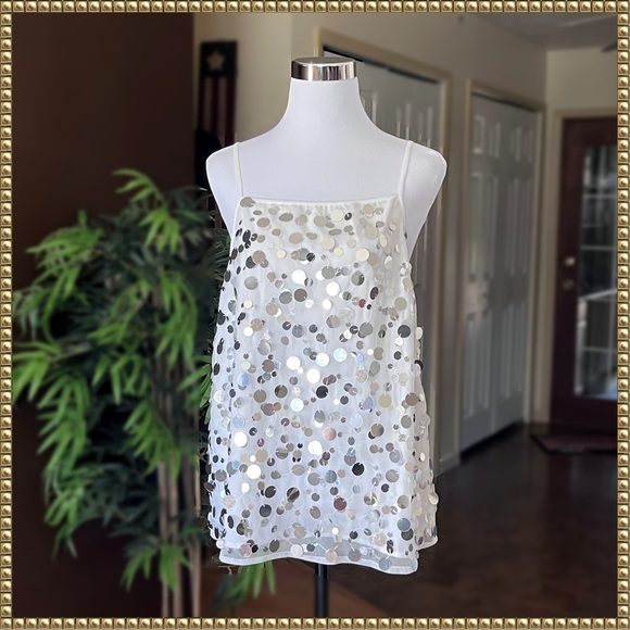 ASOS White Unique Silver Shiny Disc Embellished Fun Cami Lined Top Size 10 - Picture 1 of 11